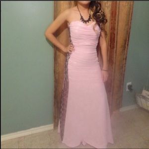 Strapless light pink with black lace prom dress